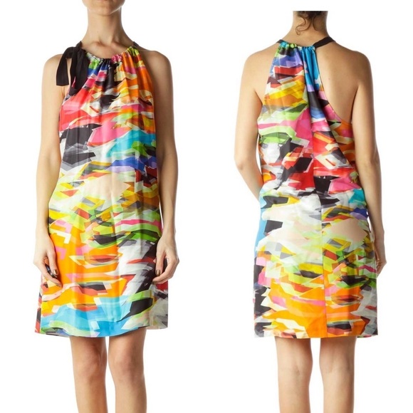 Trina Turk Halter Neck Multicolor 100% Silk Mini Shift Dress‎ Women's Size 2 - Picture 1 of 10
